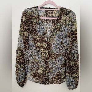 White House Black Market Floral Leopard Print Blouse
